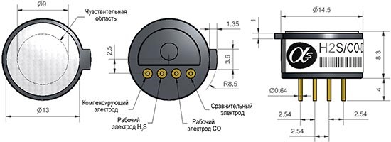 Внешний вид и габаритные размеры COH-D2 (CO/H2S-D2) (Alphasense)